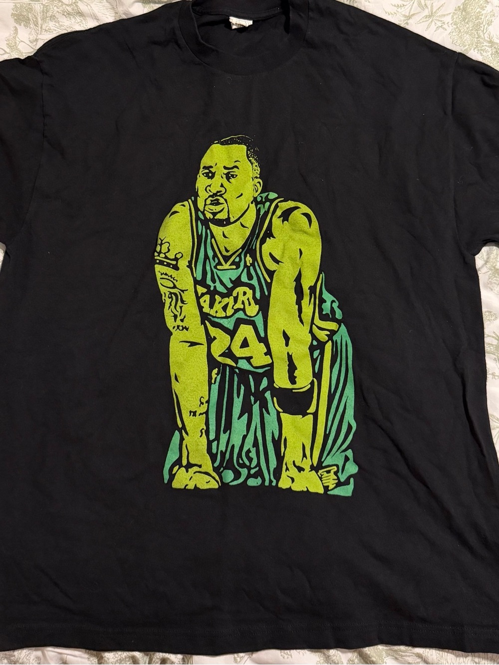 Preowned Black Graphic Men's T-Shirt with Neon Green Athlete Print